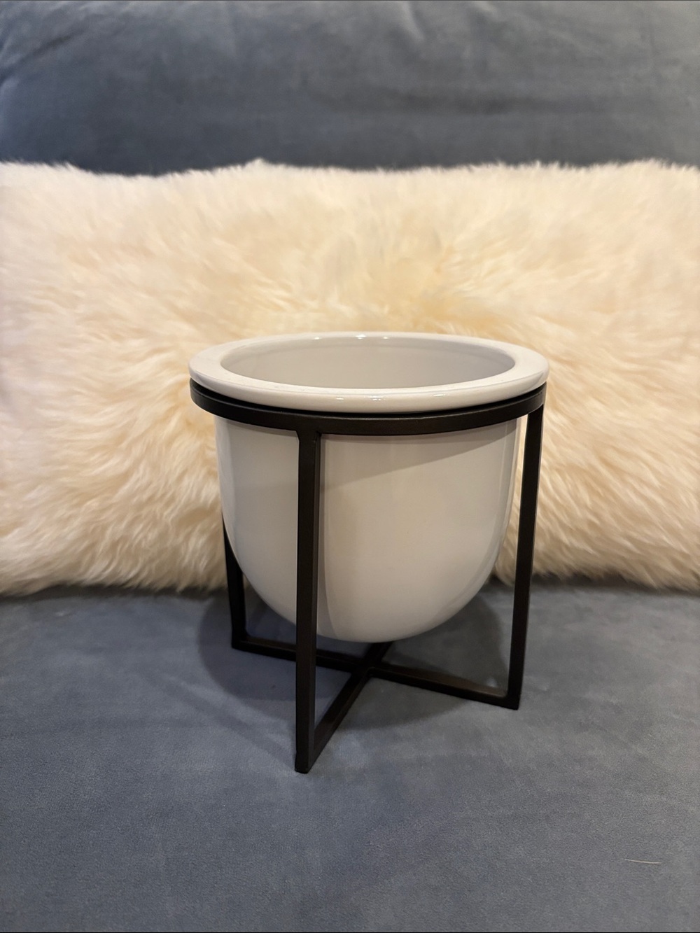 WEST ELM White Ceramic Planter with Black Metal Stand - Modern Home Accent